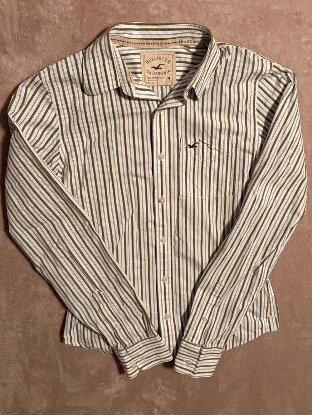 Hollister Pacific Merch Button Down Shirt Size M Green White Stripe